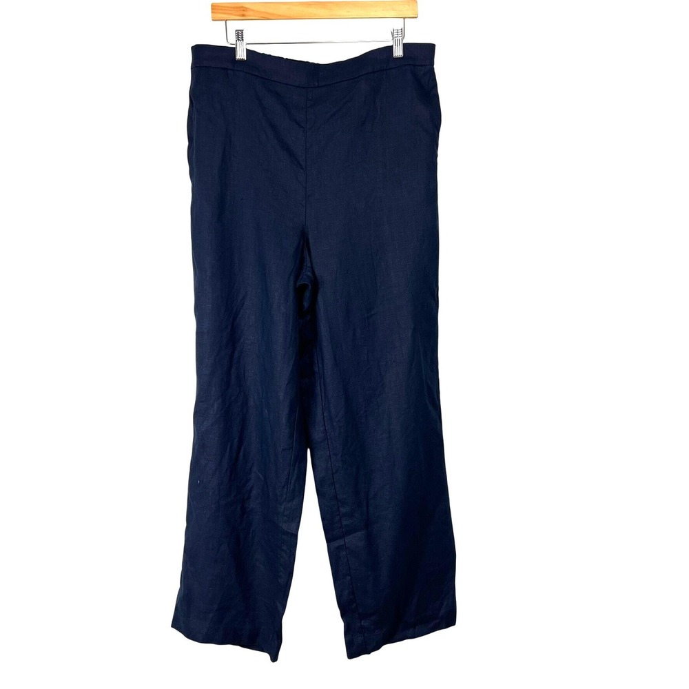 Boden Navy Blue 100% Linen Wide Leg Pants Elastic Back US 14R UK 18R